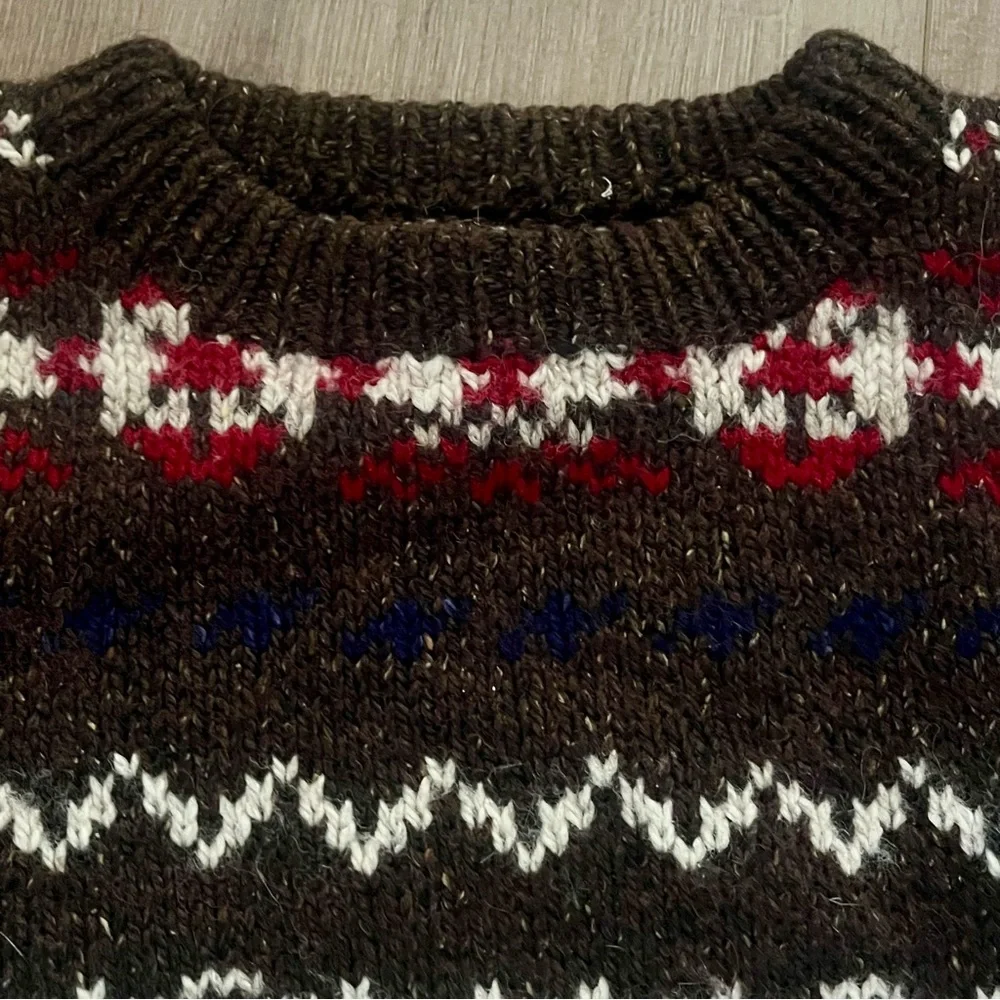 Vintage Wool Sweater Brown/Red Men Medium Fair Isle Nordic Thick Knit Snowflakes